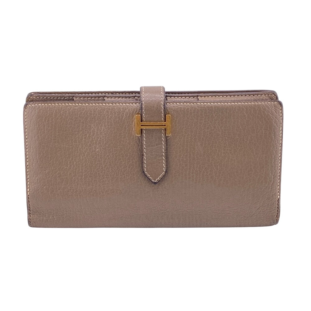 HERMES Bifold Wallet Chevre Mysore, Leather beige Hermes Bearn Soufflet Chevre Mysore Wallet Etoupe Gold Metal ?O:2011