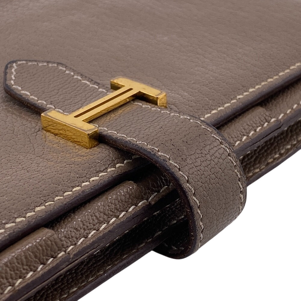 HERMES Bifold Wallet Chevre Mysore, Leather beige Hermes Bearn Soufflet Chevre Mysore Wallet Etoupe Gold Metal ?O:2011