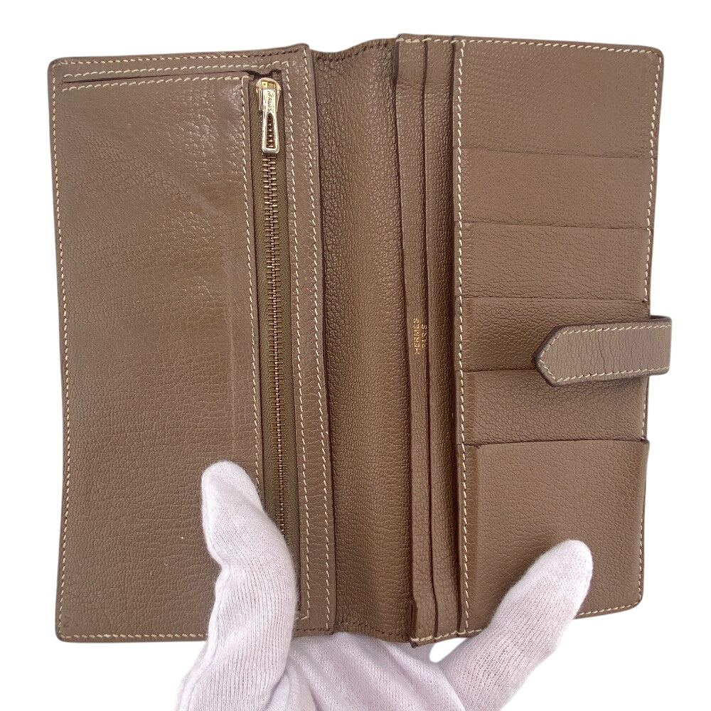 HERMES Bifold Wallet Chevre Mysore, Leather beige Hermes Bearn Soufflet Chevre Mysore Wallet Etoupe Gold Metal ?O:2011
