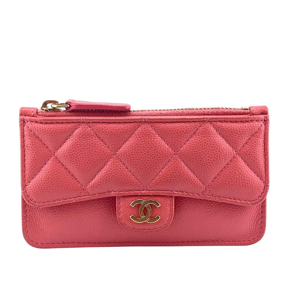 CHANEL Card Case Caviar skin pink Fragment case COCO Mark Matrasse Women