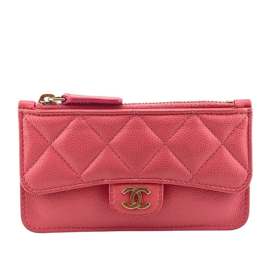 CHANEL Card Case Caviar skin pink Fragment case COCO Mark Matrasse Women