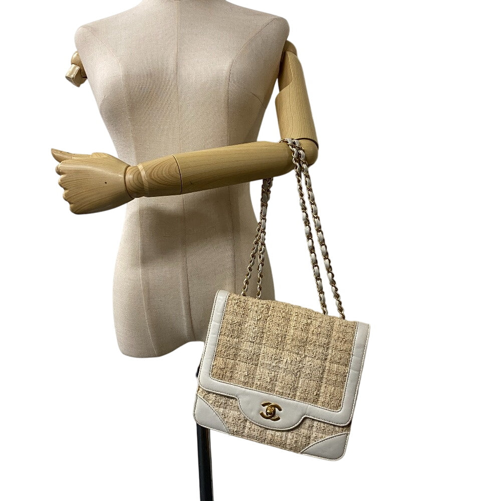 CHANEL Shoulder Bag Tweed, Leather white WChainShoulder COCO Mark Tweed Women
