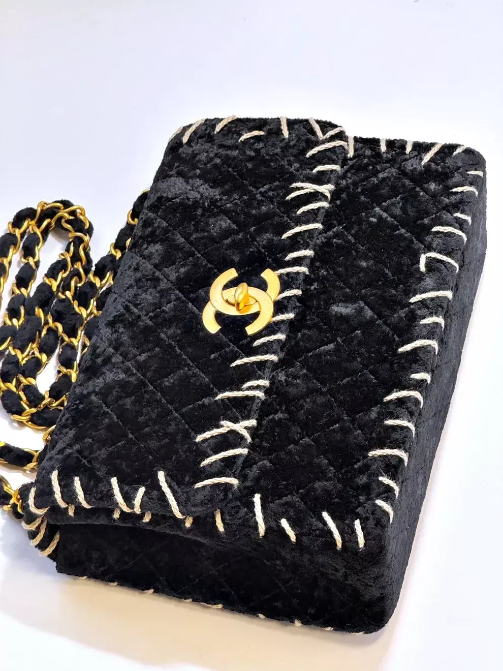 Chanel  1993 Black Velvet Whipstitch Flap Bag