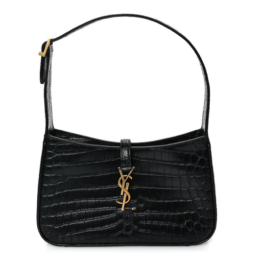 Saint Laurent Calfskin Crocodile Embossed Le 5 A 7 Hobo Black