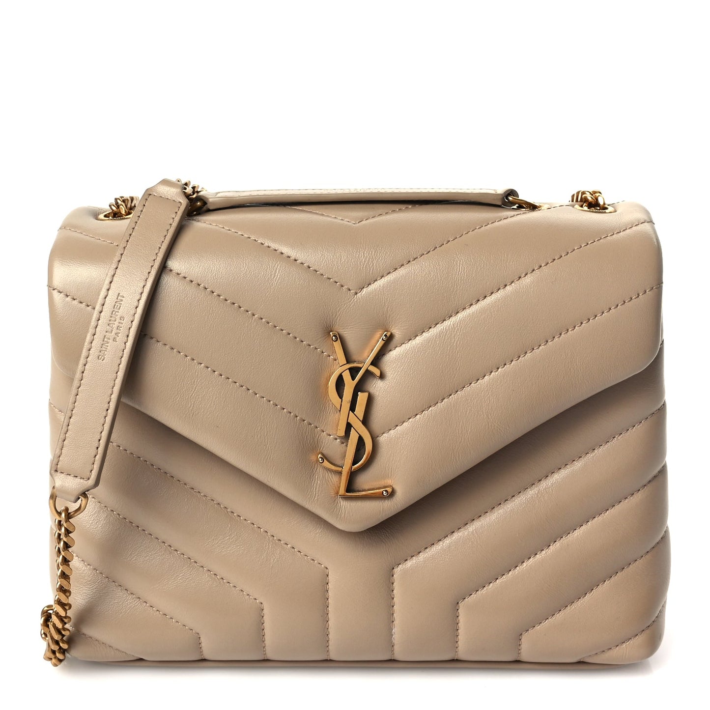 Saint Laurent Calfskin Y Quilted Monogram Small Loulou Chain Satchel Dark Beige