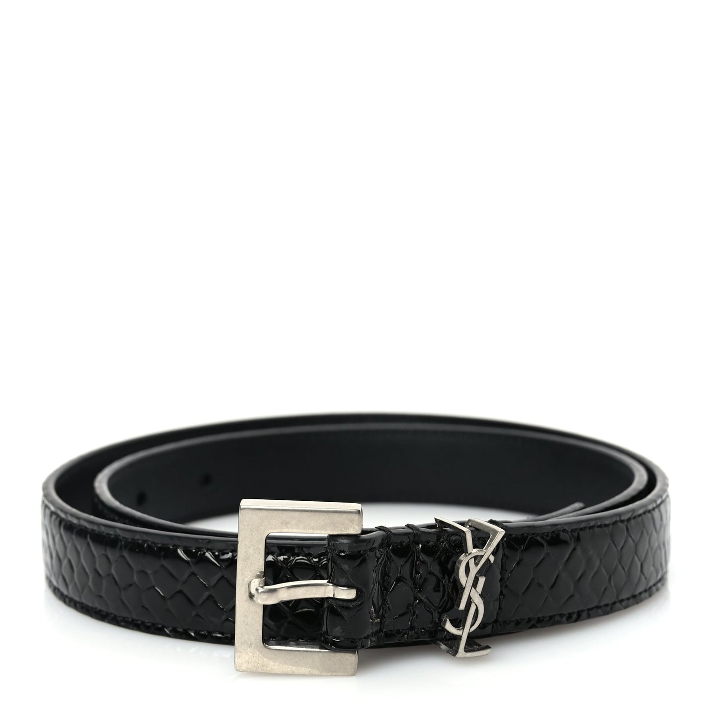 Saint Laurent Calfskin Crocodile Embossed Monogram Square Buckle Belt 75 30 Black