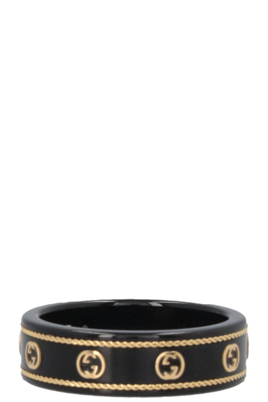 GUCCI Icon Ring GG Interlocking 18k Yellow Gold Black