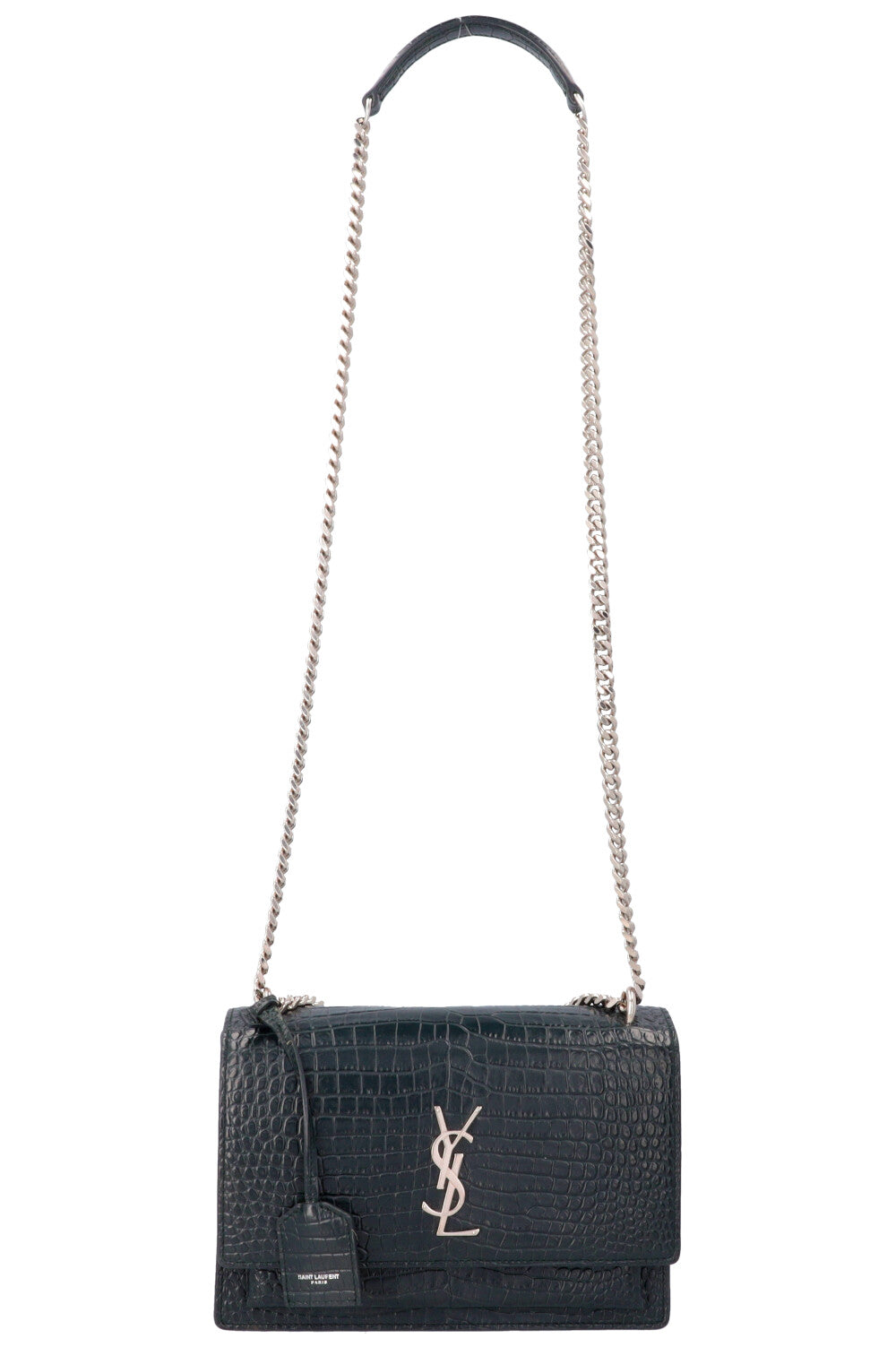 SAINT LAURENT Sunset Crossbody Bag Croc Embossed Green