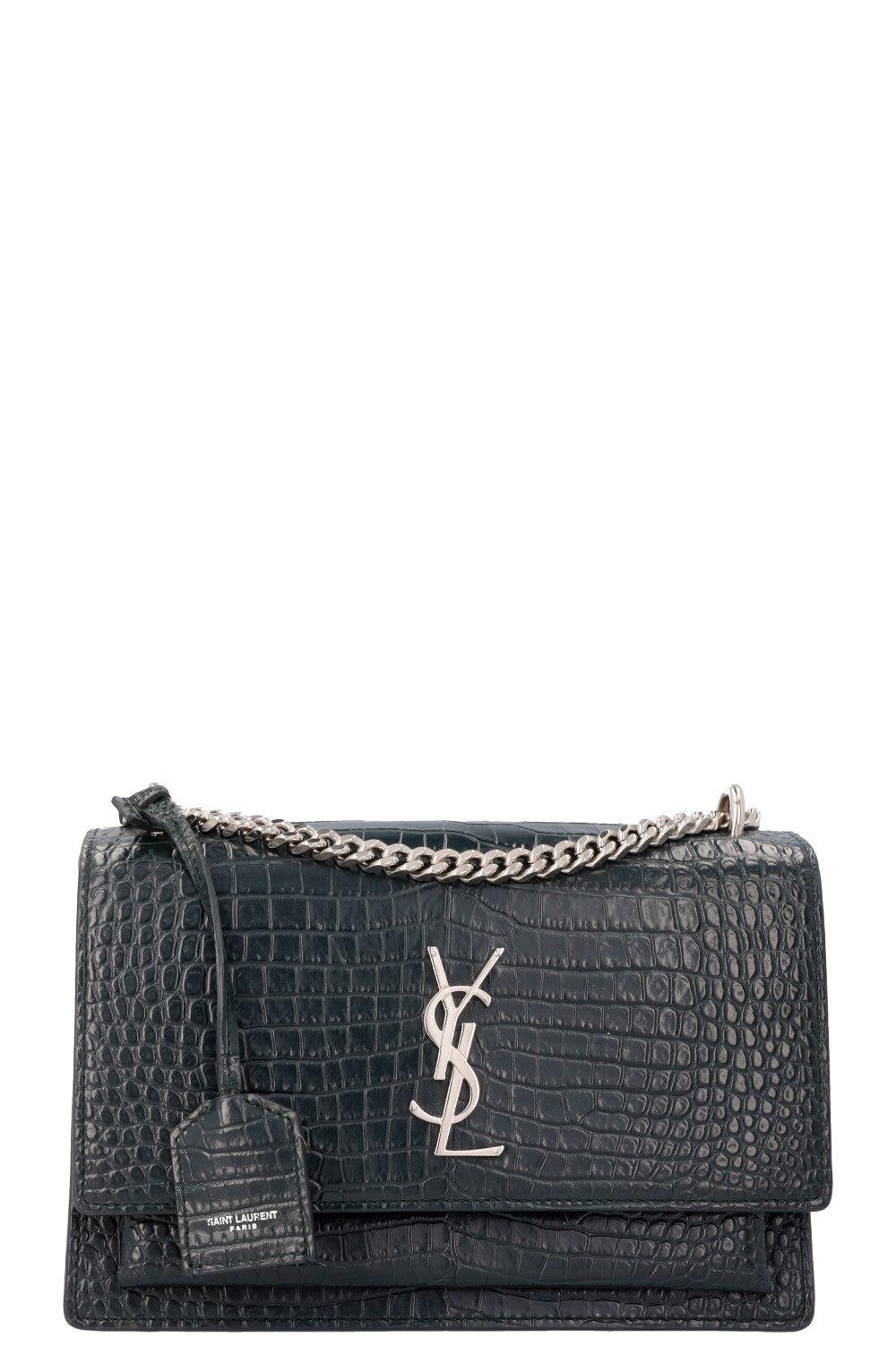 SAINT LAURENT Sunset Crossbody Bag Croc Embossed Green