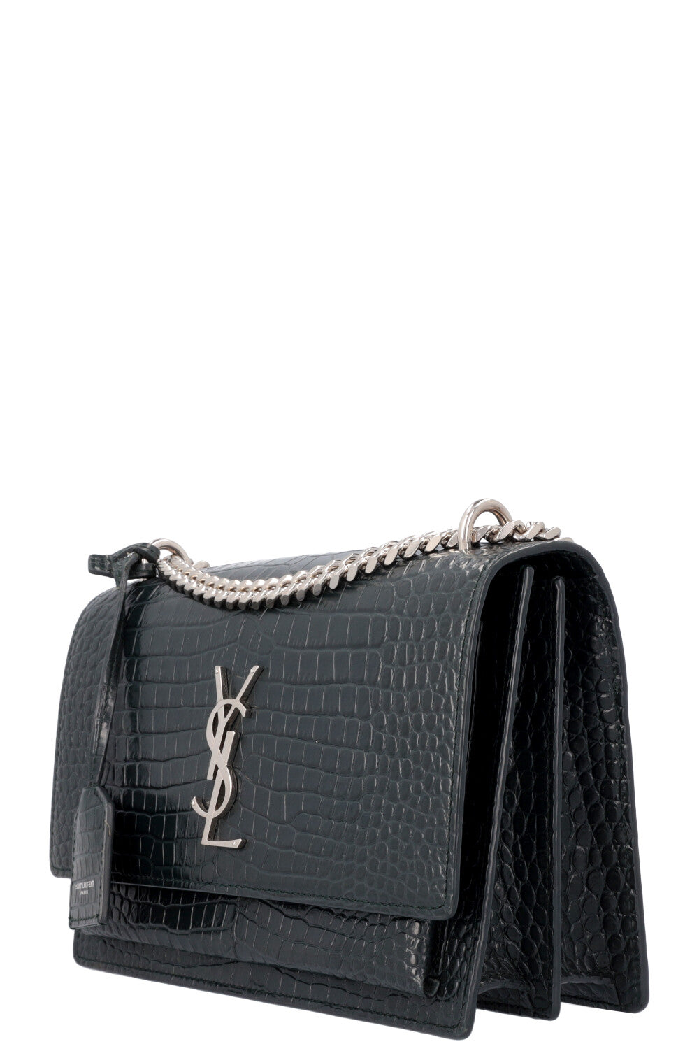 SAINT LAURENT Sunset Crossbody Bag Croc Embossed Green