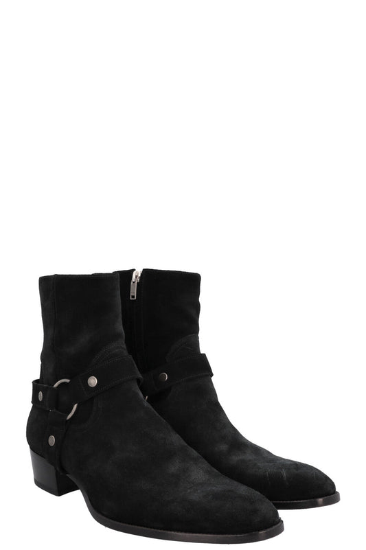 SAINT LAURENT Wyatt Harness Ankle Boots Suede Black