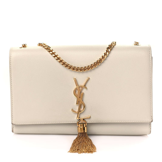 Saint Laurent Grain De Poudre Calfskin Medium Classic Monogram Kate Tassel Satchel Crema Soft