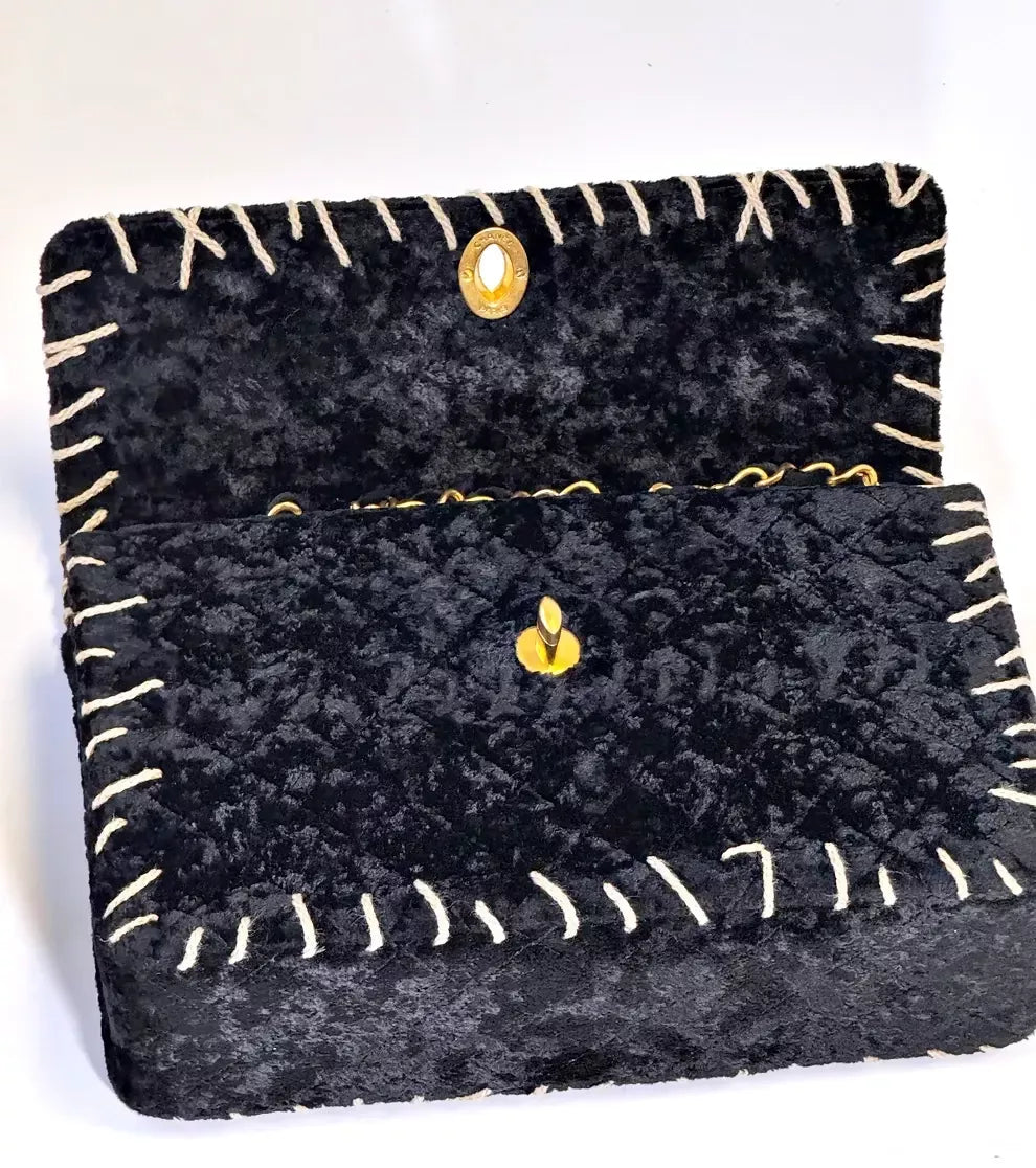 Chanel  1993 Black Velvet Whipstitch Flap Bag