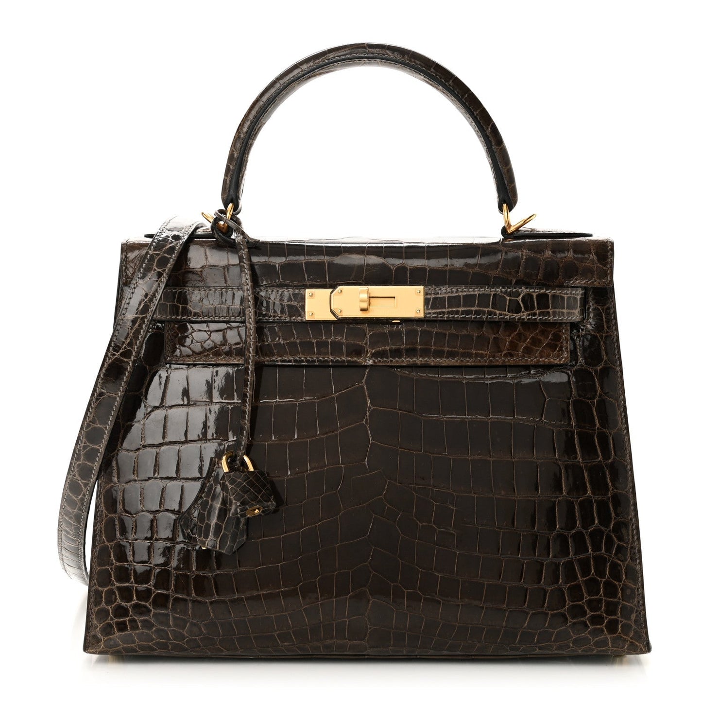 Hermes Shiny Niloticus Crocodile Kelly Sellier 28 Gris Elephant