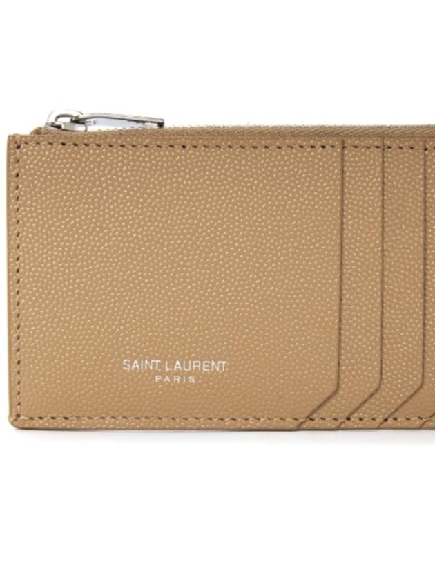 Luxury Saint Laurent Trending 2025 Logo Print Pebbled Leather Card Wallet Brown