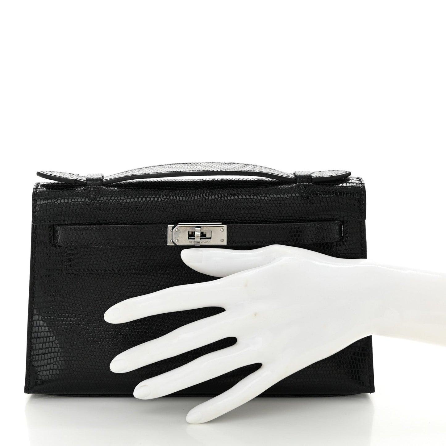 Hermes Lizard Kelly Pochette Clutch Black