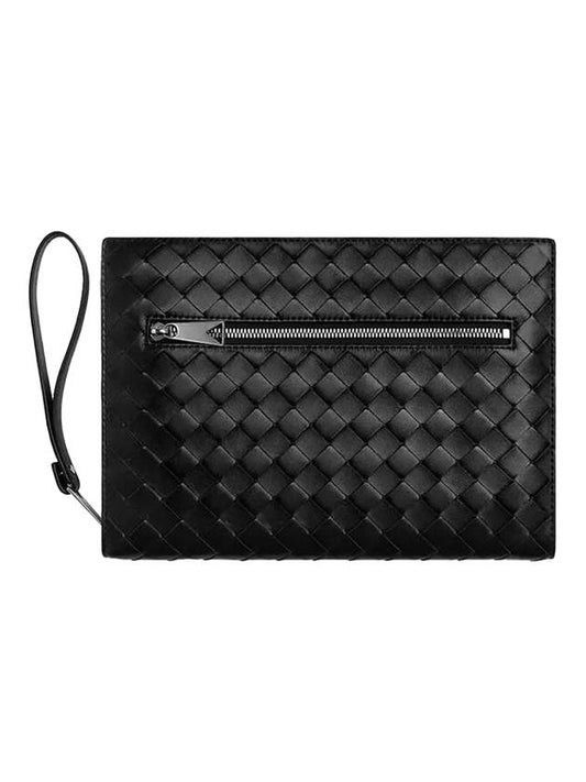 Luxury Bottega Veneta Intrecciato Zipper Small Clutch Bag Black