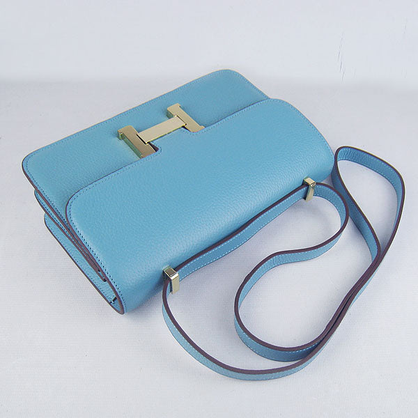 Luxury Hermes Calf Leather Message Bag H020 Light Blue Golden