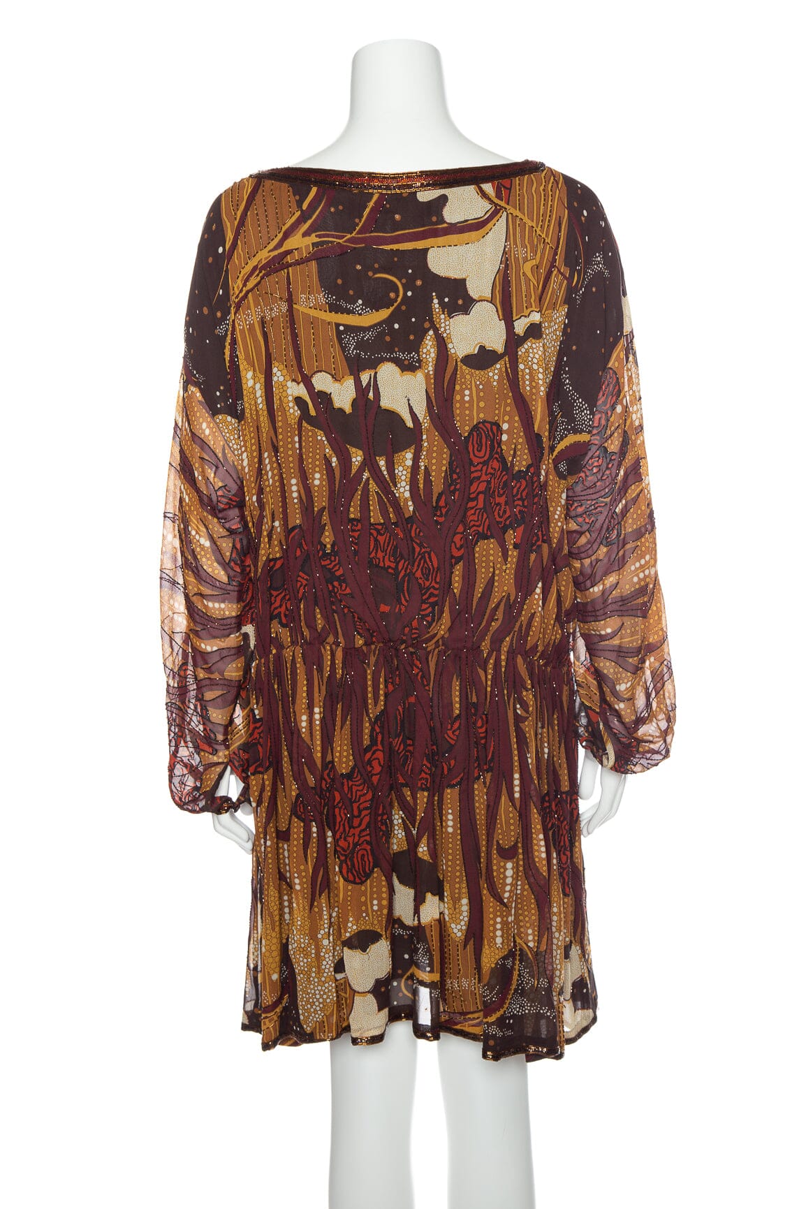Gucci 2015 Brown Printed and Beaded Long Sleeve Dress SZ 40