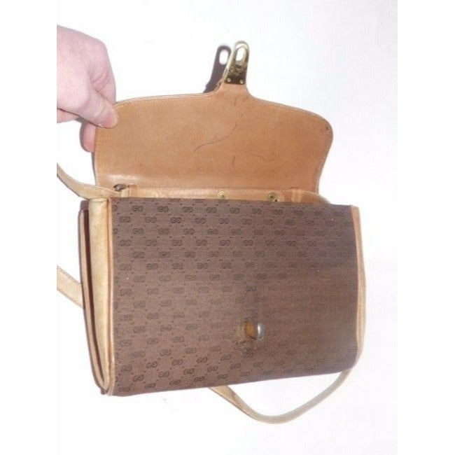 Gucci Vintage Camel Leather Brown Small G Logo Print Canvas And Cross Body Bag