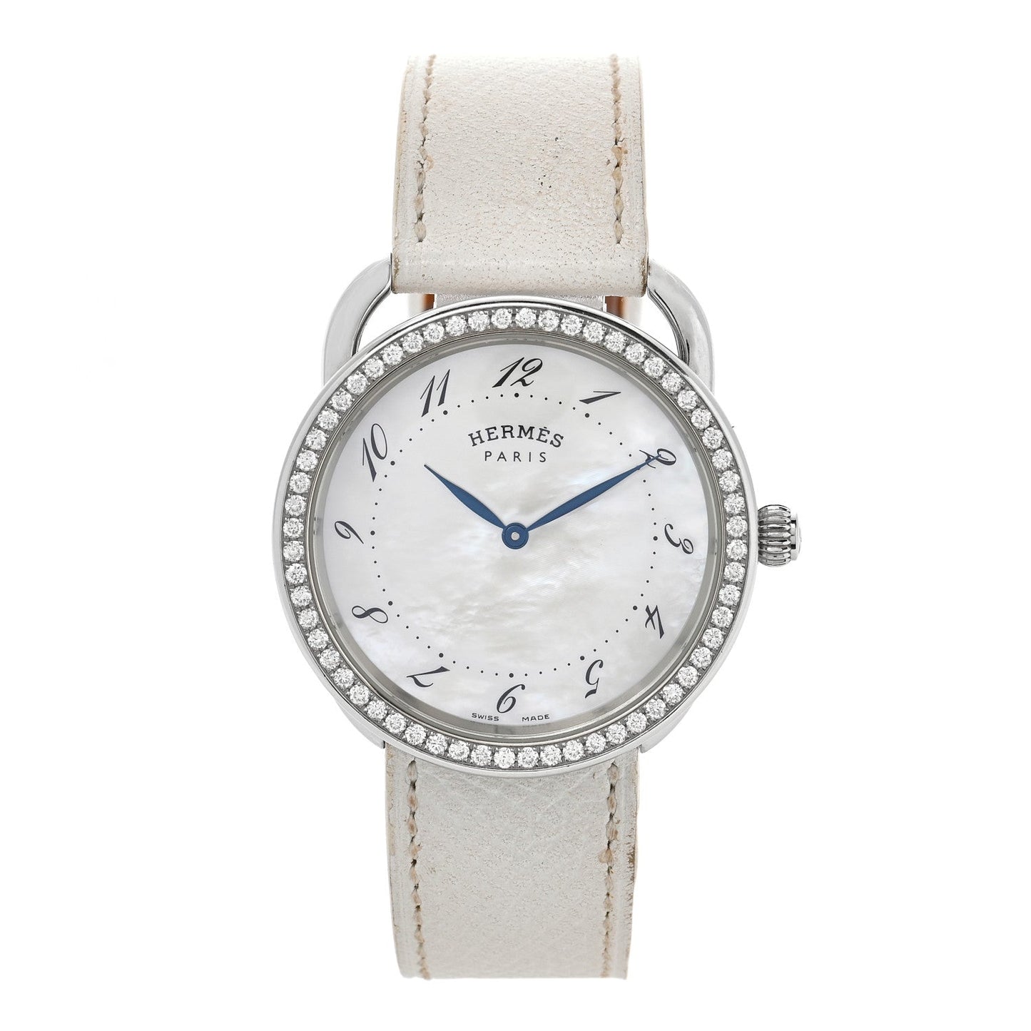 Hermes Stainless Steel Epsom Diamond Bezel Mother of Pearl 38mm Arceau Quartz Watch Blanc