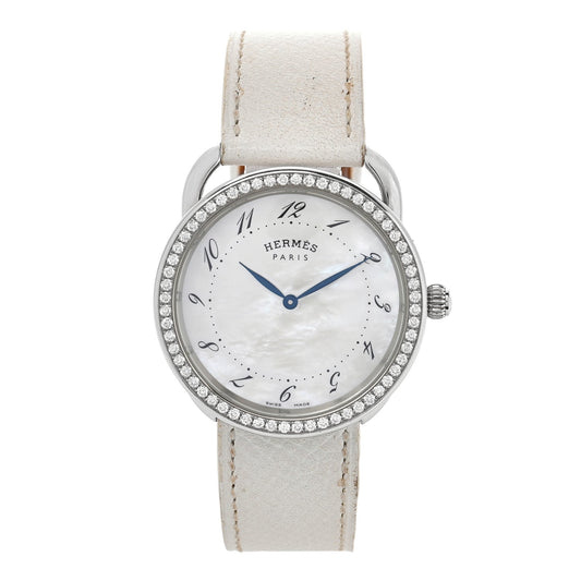 Hermes Stainless Steel Epsom Diamond Bezel Mother of Pearl 38mm Arceau Quartz Watch Blanc