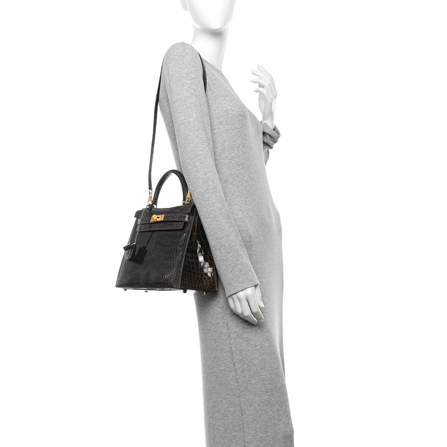 Hermes Shiny Niloticus Crocodile Kelly Sellier 28 Gris Elephant