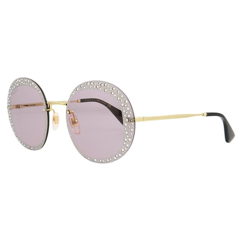 Gucci Sunglasses Round Rimless, Gold Frame and Violet With Crystals Lens GG0899S001