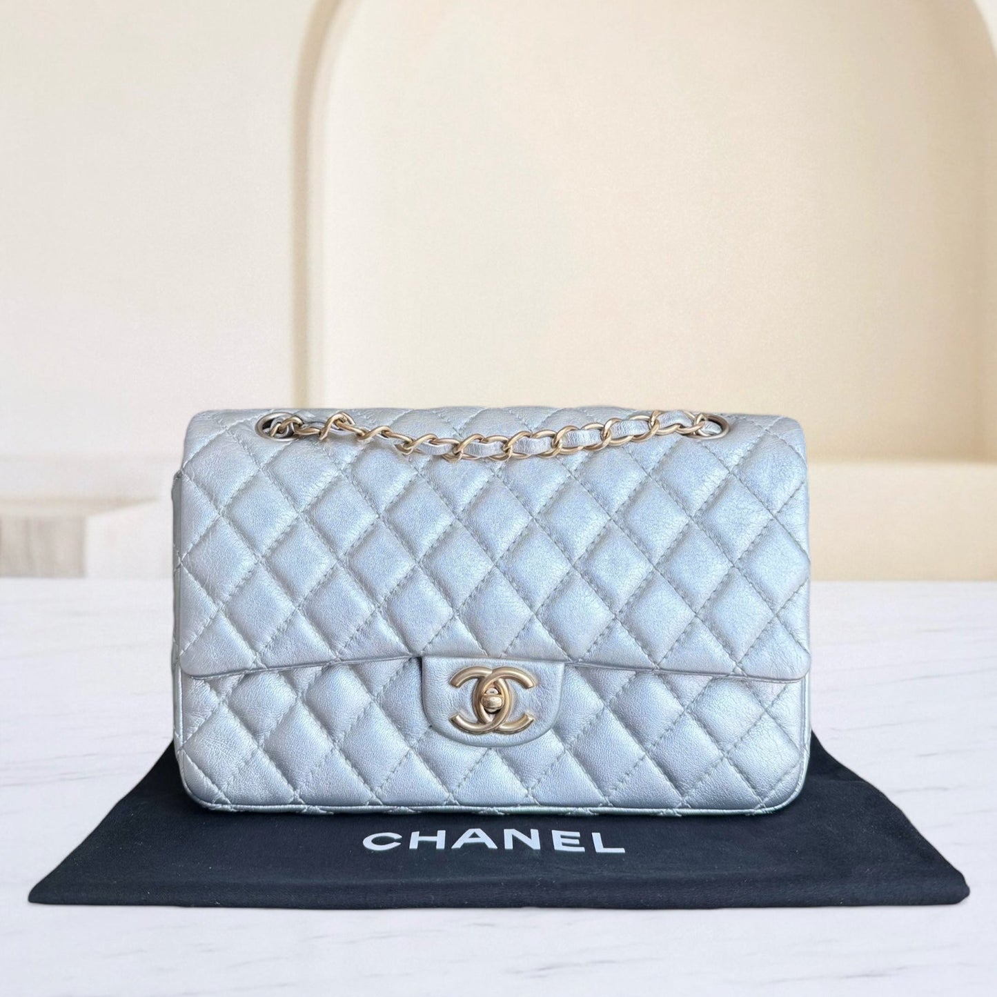 Chanel Classic Flap Medium - 25CM Quilted Lambskin Metallic Silver Gold Hardware Series 12