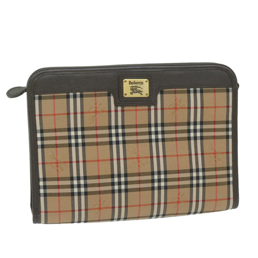 Luxury BurberrySs Nova Check Clutch Bag Nylon Canvas Beige Auth ac2673