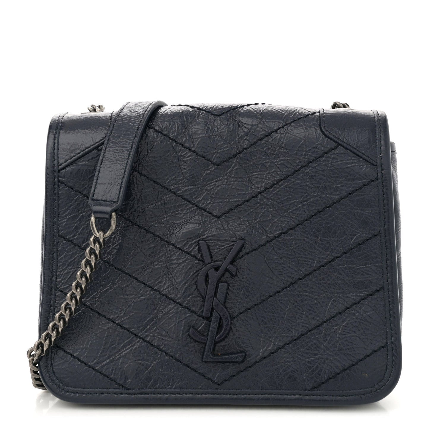 Saint Laurent Crinkled Calfskin Matelasse Monogram Niki Chain Wallet Deep Marine