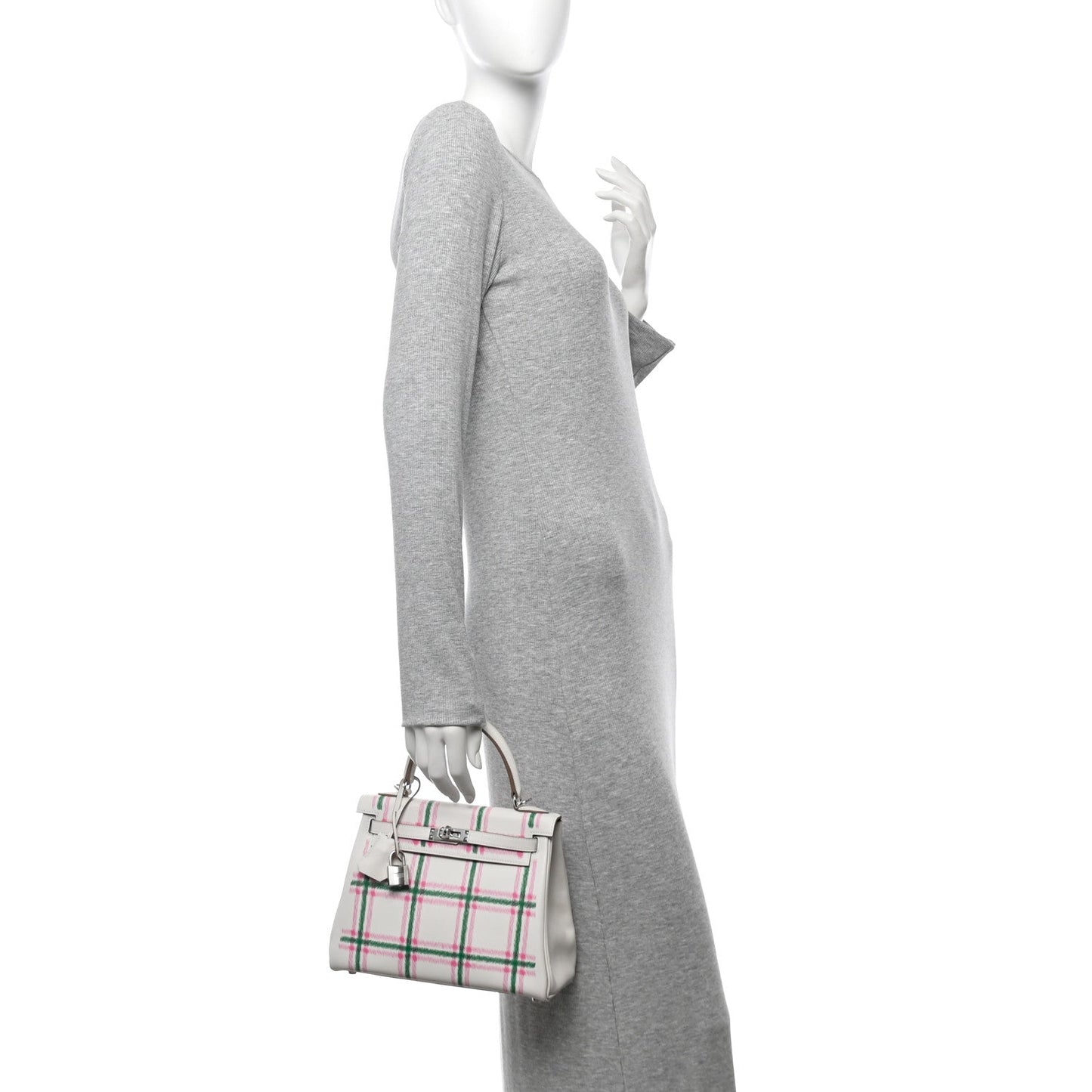 Hermes Swift Tartan Kelly Retourne 25 Gris Pale Rose Bubblegum Vert Moyen