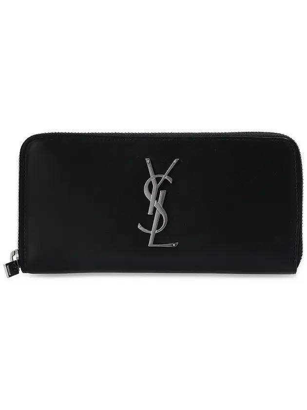 Luxury Saint Laurent Trending 2025 Monogram Silver Logo Zip Around Long Wallet Black