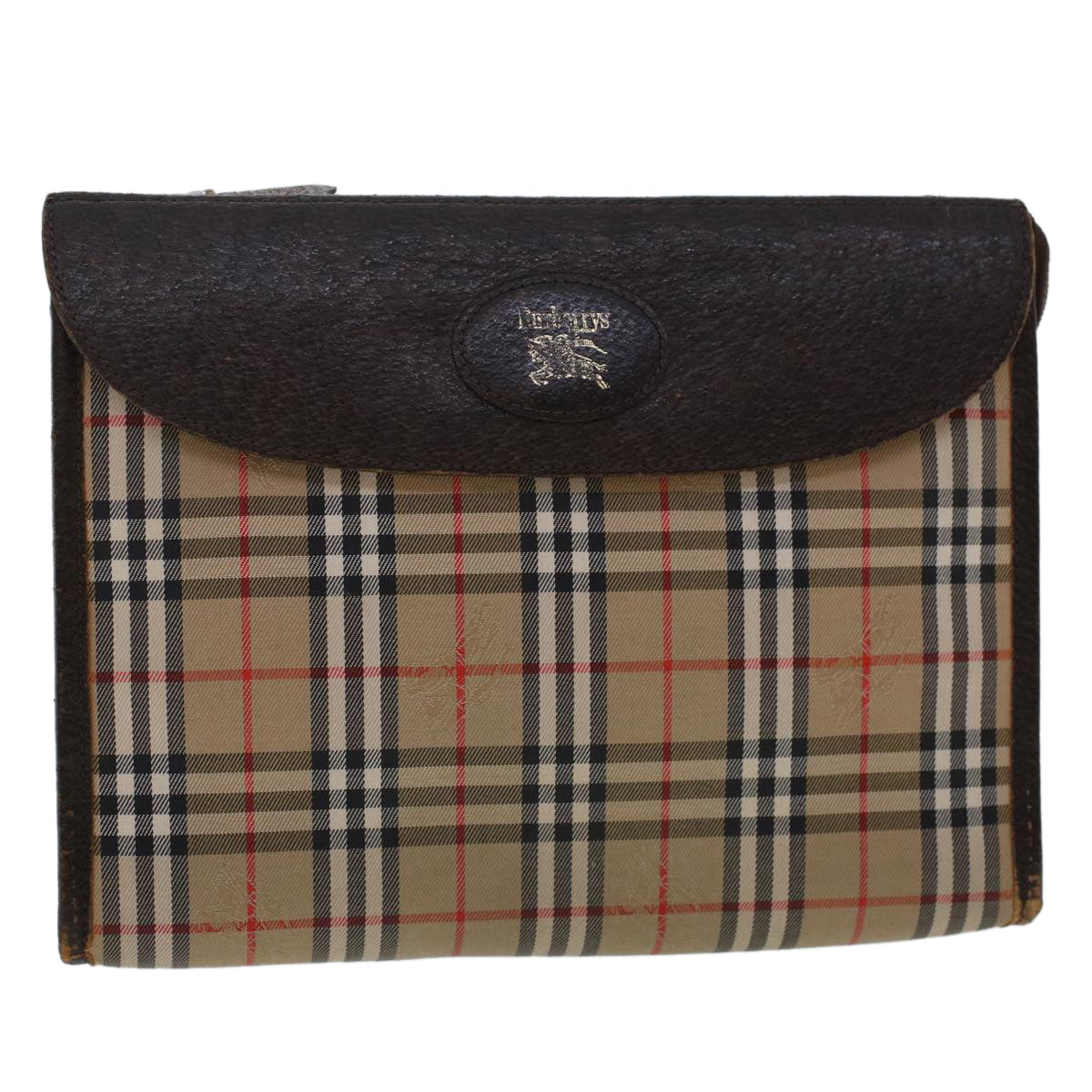 Luxury BurberrySs Nova Check Clutch Bag Nylon Leather Beige Auth am4674