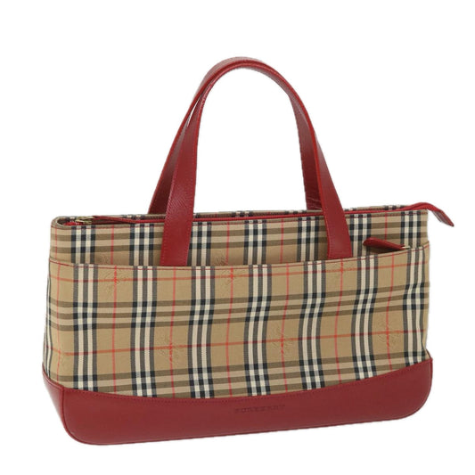 Luxury Burberry Nova Check Hand Bag Nylon Canvas Beige Red Auth am5133