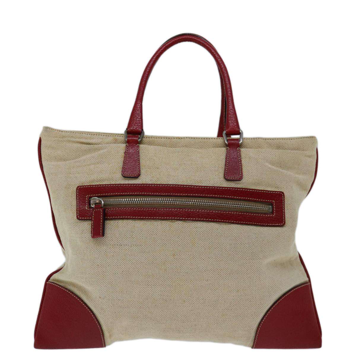 PRADA Hand Bag Canvas Beige Red Auth ar11582B