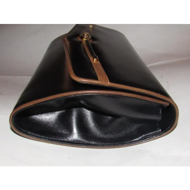 Gucci Vintage Pursesdesigner Purses Glossy Black Leather With Brown Leather Trim And Gold Equestrian