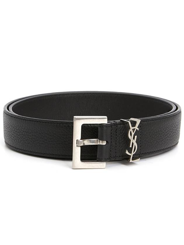 Luxury Saint Laurent Trending 2025 Grained Leather Silver Monogram Belt Black