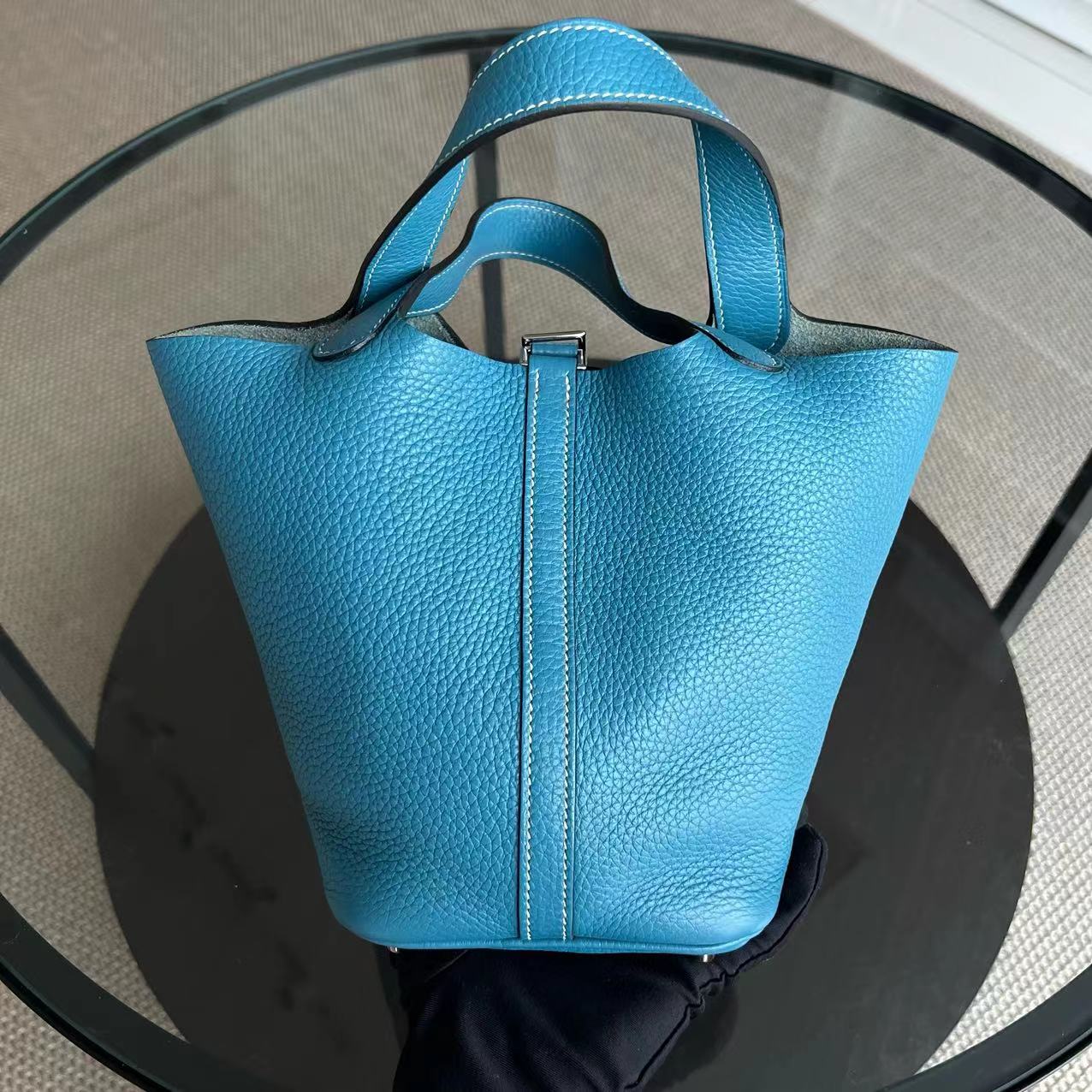 Hermes Picotin 18 - Blue Jean Mauve Pale Square R TC Clemence Silver Hardware