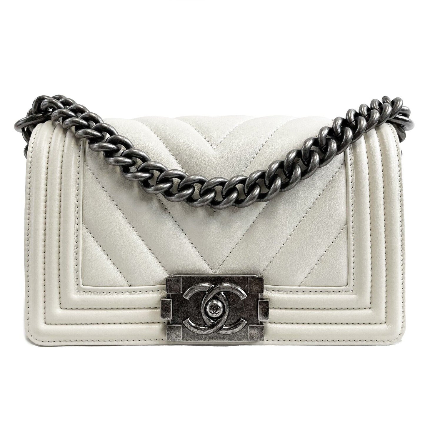 CHANEL Boy Flap Chevron Quilted White Shoulder Bag Mini