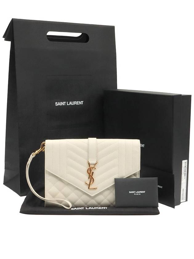 Luxury Saint Laurent Trending 2025 Blanc Vintage White Grande Poudre Embossed Gold Monogram Envelope Strap Clutch