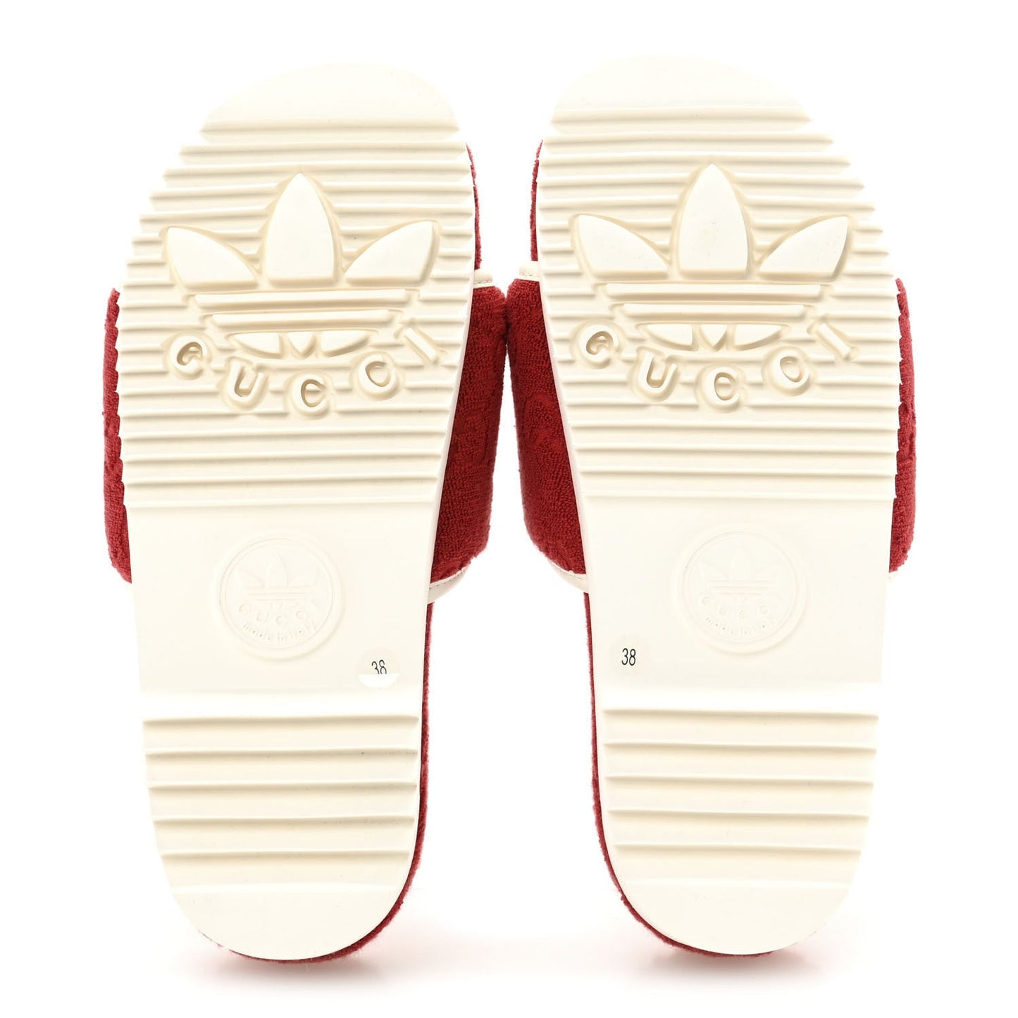 Gucci X ADIDAS Terry Cloth Trefoil GG Monogram Womens Platform Sandals 38 Maple Red Off White