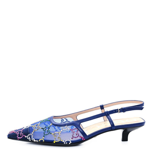 Gucci Tela Retino Nappa Charlotte Crystal GG Monogram Square G 35mm Slingback Pumps 35.5 Splash Net Blue Witch