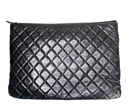 CHANEL Black Leather Flap Quilted Large Clutch