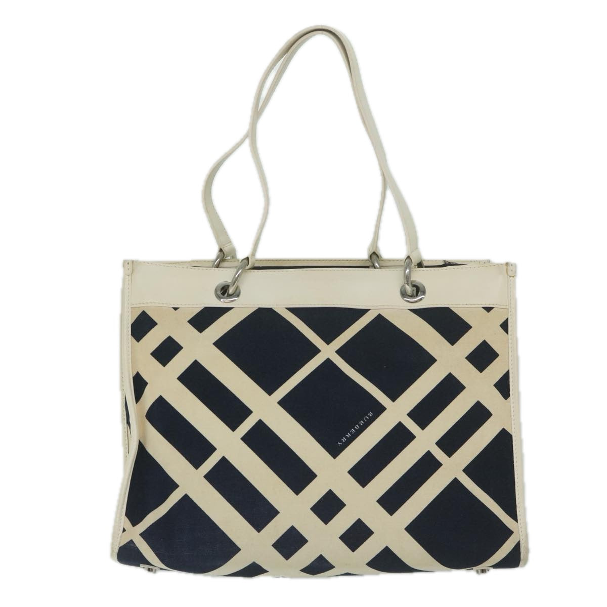Luxury Burberry Tote Bag Canvas Navy White Auth bs11353