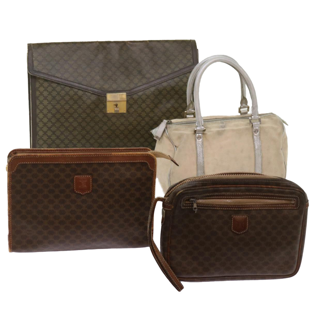 Luxury CELINE Macadam Canvas Hand Bag Clutch Bag PVC 4Set Brown Beige 12454