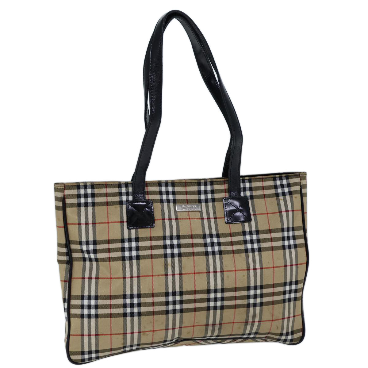 Luxury BurberrySs Nova Check Blue Label Tote Bag Nylon Beige Black Auth bs13687