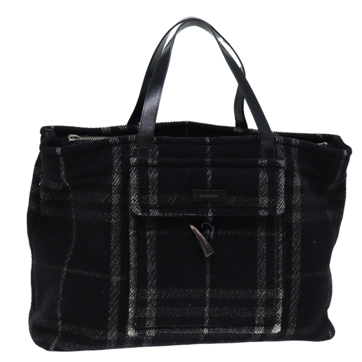 Luxury Burberry Nova Check Hand Bag Wool Black Auth bs13719