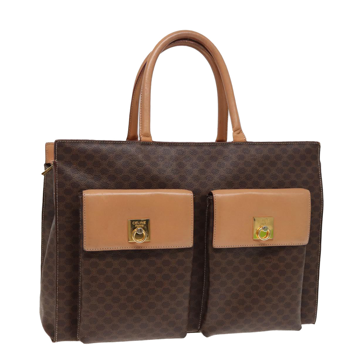 Luxury CELINE Macadam Canvas Hand Bag PVC Leather Brown  15629