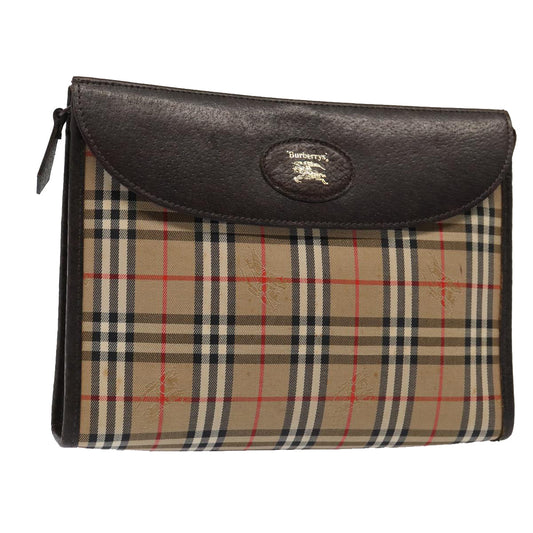 Luxury BurberrySs Nova Check Clutch Bag Canvas Leather Beige Brown gold Auth bs17029